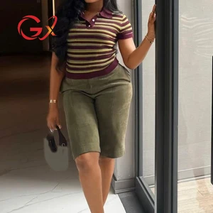 GX8032 Fashion Summer 2026 Women's Clothing Boutique Street Wear Short Sleeve Knitted T-shirt and High Waist Shorts 2 Piece Set