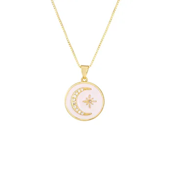 Wholesale Fashion Jewelry Zircon Chain Necklace Charm Colorful Zircon Diamond Sun Moon 18K Gold Plated Necklace For Women