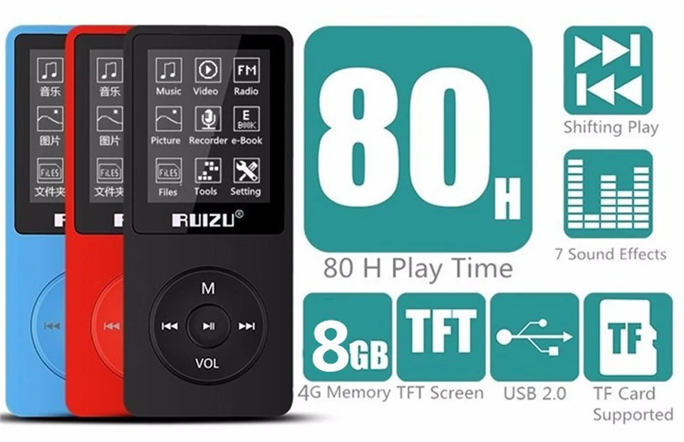 Portable 1.8"TFT Screen HiFi 4G RUIZU X02 MP3 Video Music Player FM Recorder BG 