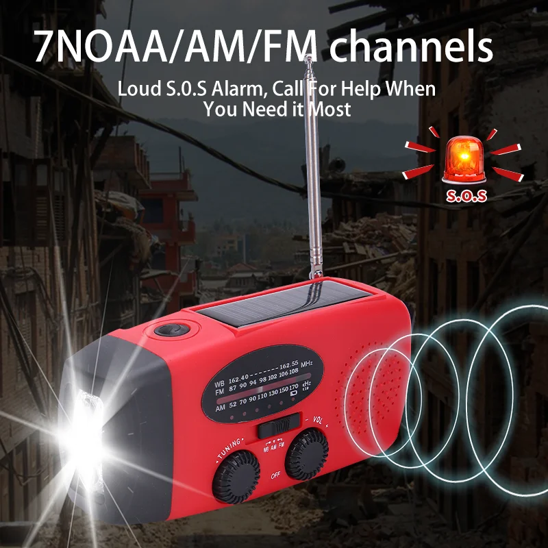 Solar Hand Crank & USB Powered AM/FM NOAA Weather Radio with LED Flashlight Emergency Power Bank (>5000mAh) ABS Material