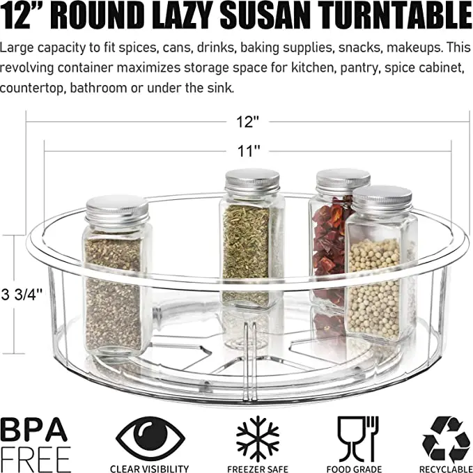 Lazy Susan 12 Inch Round Clear Spinning Organization Storage Container Bin Turntable Plastic Condiment Spice Rack with Dividers