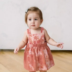 Wholesale Baby Girl Dress Cute Square Collar Sleeveless Cross Back with Ruffle Decoration Natural Plant Dye Tie Dye Pattern