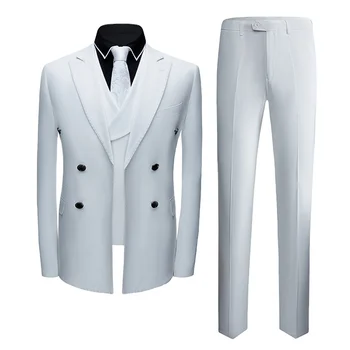 OEM Men's white double-breasted button-down slim-fit, iron-free three-piece suit, customized by the manufacturer