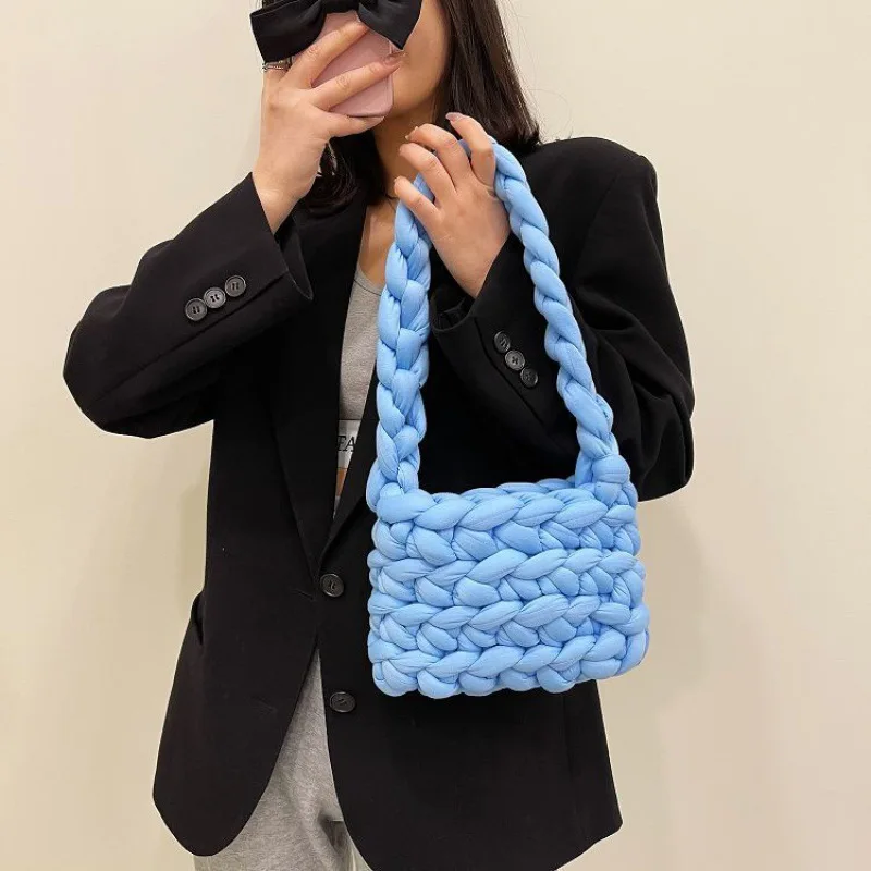 Korean INS Style Handmade Winter Solid Color Knitted Purse Yarn Material Soft Woven Crochet Shoulder Bag