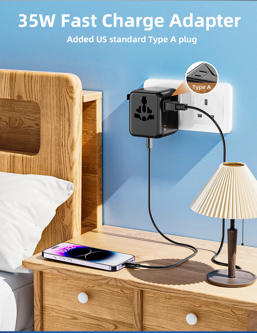 2AC 2500W PD 35W Cargador Fast Charger Multi Plug Socket Universal Travel Power Adapter with 2A3C Gan Travel Adaptor