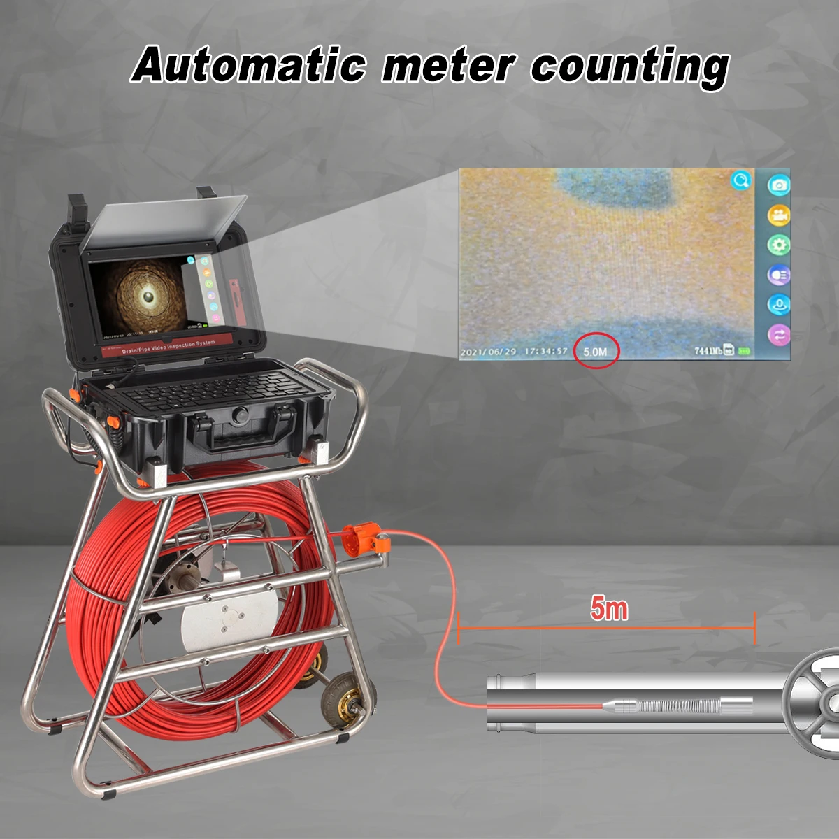 7MM 300FT Cable Pipe Camera 10.1inch1080P Touch Screen 512Hz Transmitter Self-leveling Sewer Video Camera Meter Counter Inspection Camera Pipe With Locator