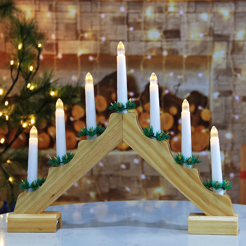 New Design 7L Warm White LED Natural Wooden Candlestick for Home Living Room Decoration