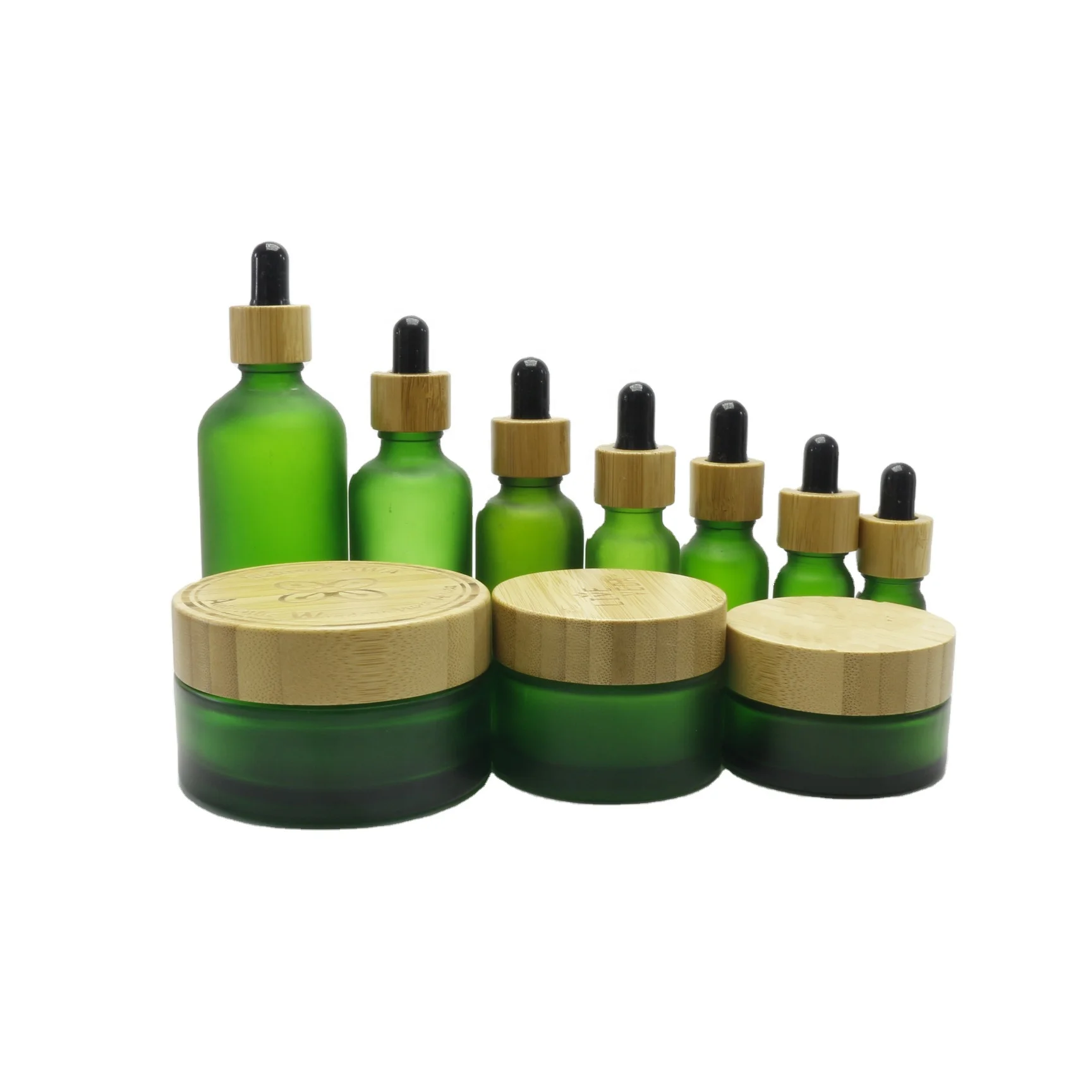 Frosted Green Glass Cosmetic Jar & Dropper Bamboo Lids Set of 2