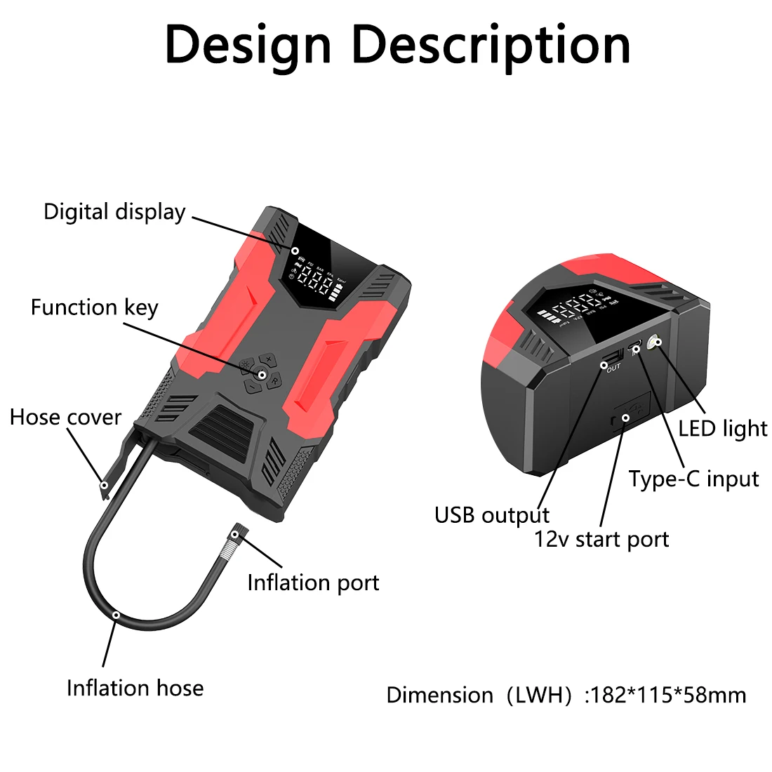 3000A 150PSI Car Battery Jump Starter LCD Display Auto Tire Inflator with LED Light for Car and Motorcycle Jump Start - view 5