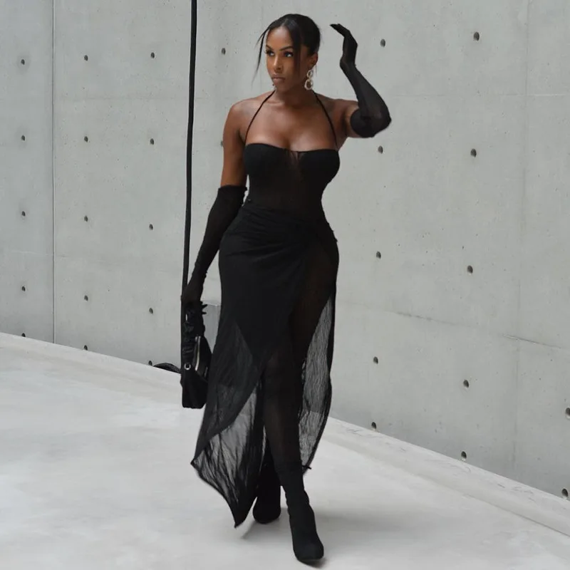 Lagerfe  9948 Haltermesh See Through  Bodysuit Slit Long Skirt Solid Women'S Dresses 2022 Fashion Party Club American Clothing