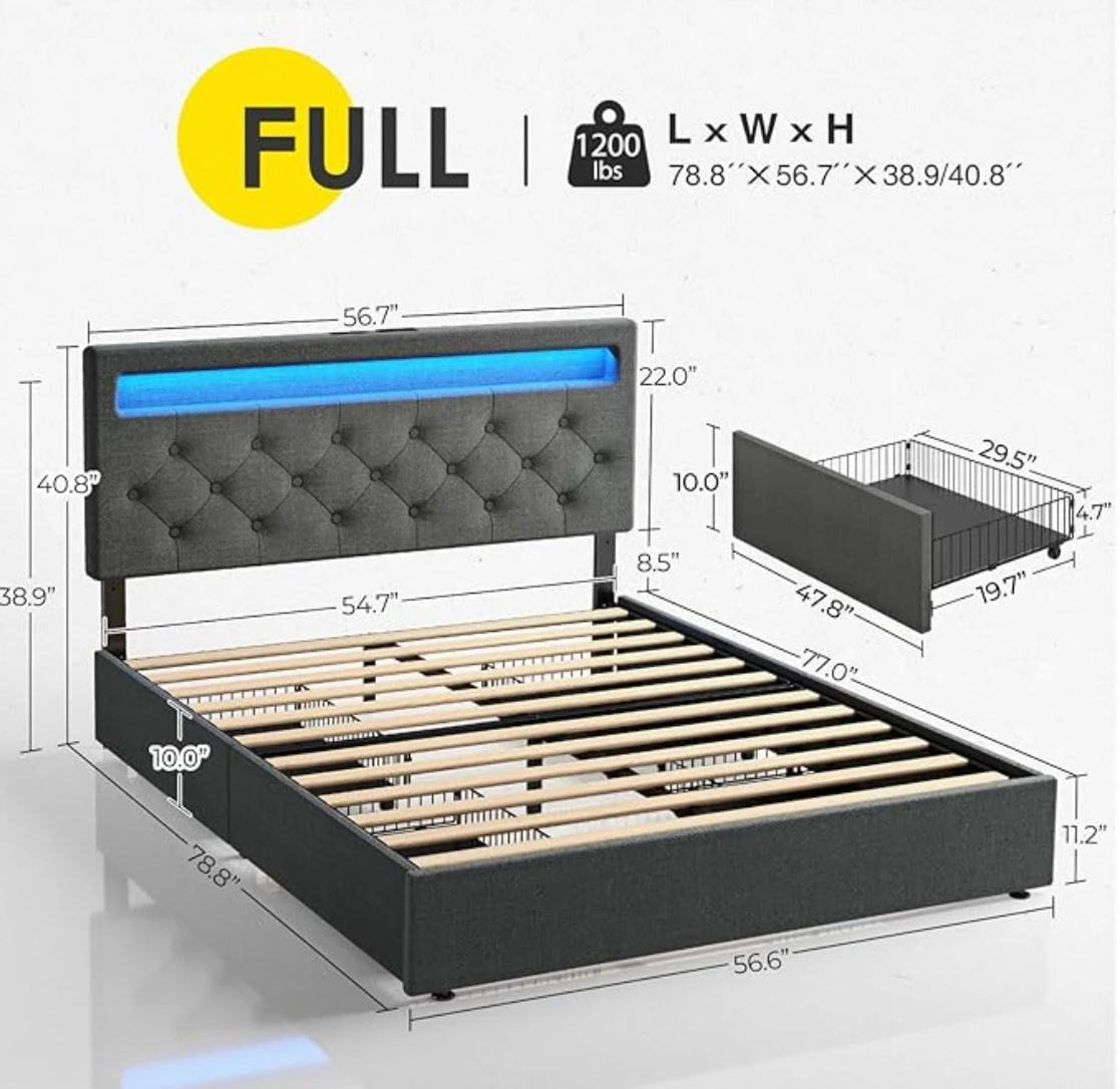 Full Size Bed Frame with Charging Station and LED Lights, Upholstered Bed with Adjustable Headboard and 4 Storage Drawers Metal