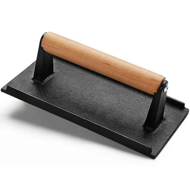 Durable Black Cast Iron Smash Burger Press With Wood Handle Non-Stick Round Outdoor Meat Food Press for Bacon and Grill Maker