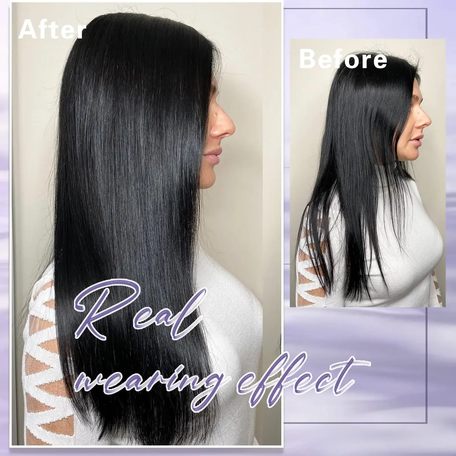 Wire Hair Extensions Real Human Hair with Transparent Headband Adjustable Size 4 Secure Clips Straight Secret Hairpiece #1B_voghion.com