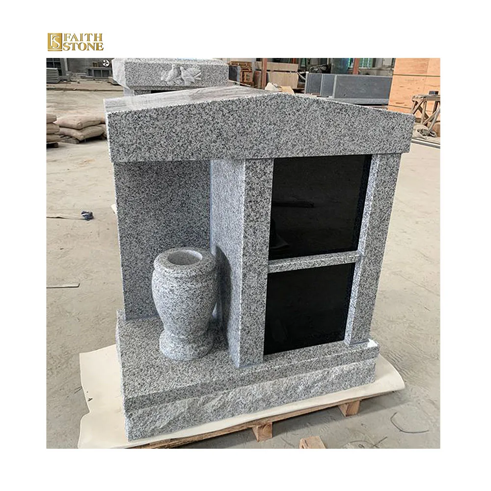2 Niche Gray Granite Columbarium with Black Door  and Vase 1 Year Warranty Tombstones and Monuments