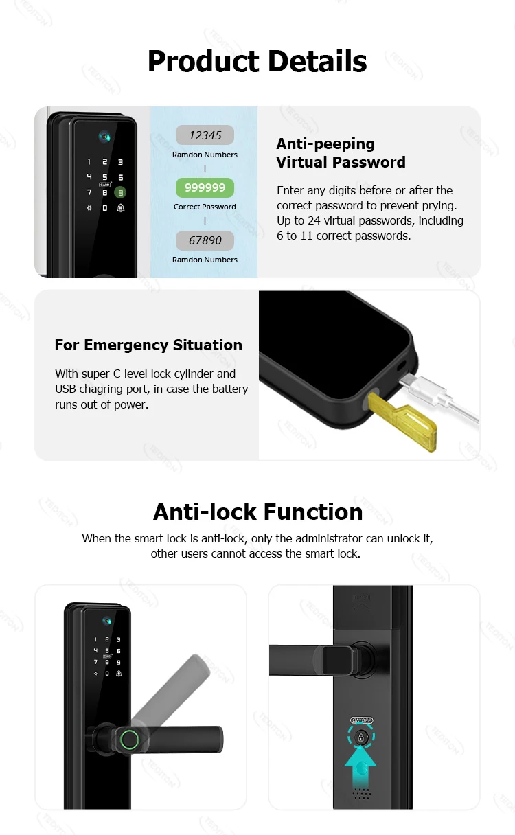 Tediton Cerradura Inteligente Zigbee Alexa Security Wood Door Tuya Wifi Smart Lock Door Lock With Camera Fingerprint Doorbell