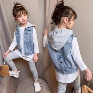 Custom Girls' Autumn Denim Vest Coat Children's Solid Color Single-breasted Detachable Hooded Fashion Top Clothes for Kids