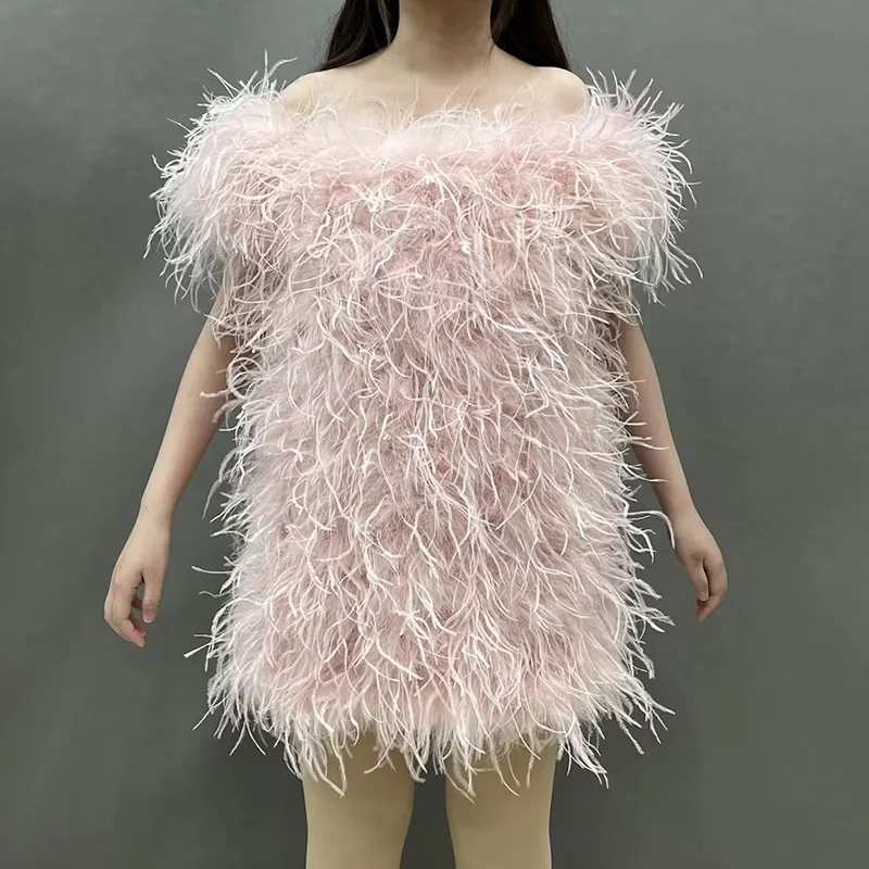 New Design Summer Fluffy Fur Dress Fashion Short Sleeves Ostrich Feather  Evening Dress