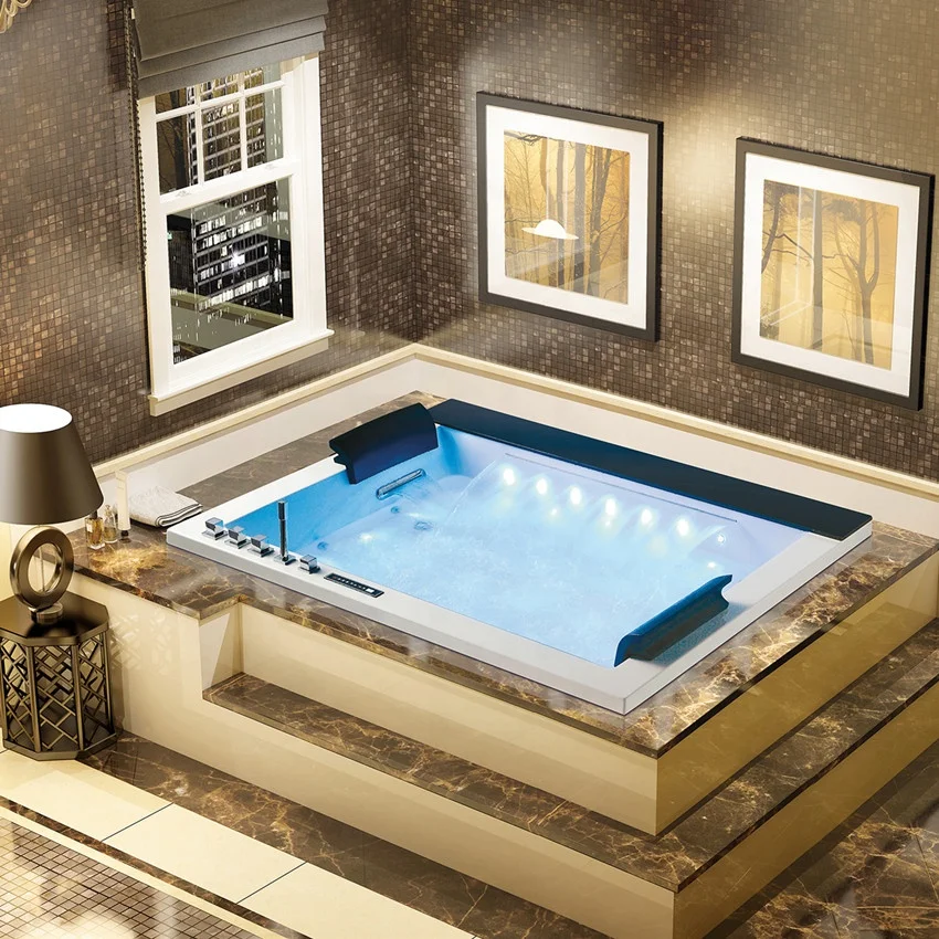 Two Person Drop-in Bath Tub Therapy whirlpool Tubs w Digital Control & Big Waterfall,  Acrylic Hydromassage Bathtub