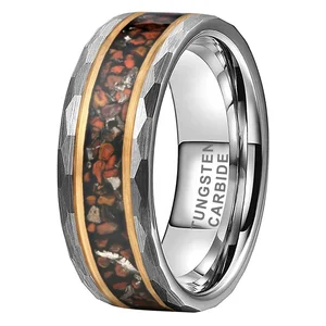 Coolstyle Jewelry 8mm Hammered Tungsten Ring for Men Women Dinosaur & Real Meteorite Chip Inlay Fashion Engagement Wedding Band