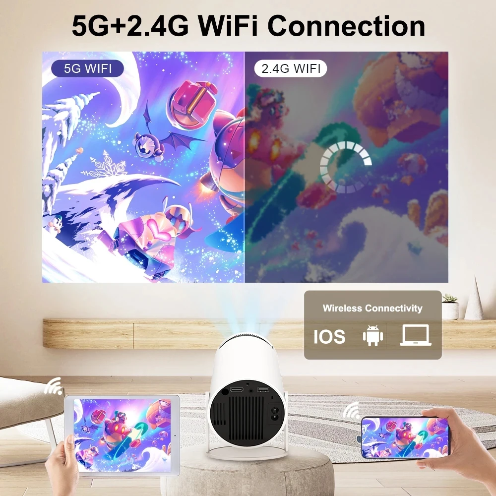 HY300 HiFi 4k安卓11户外便携式手机液晶投影仪，带Wifi6智能迷你影院投影仪发光二极管灯