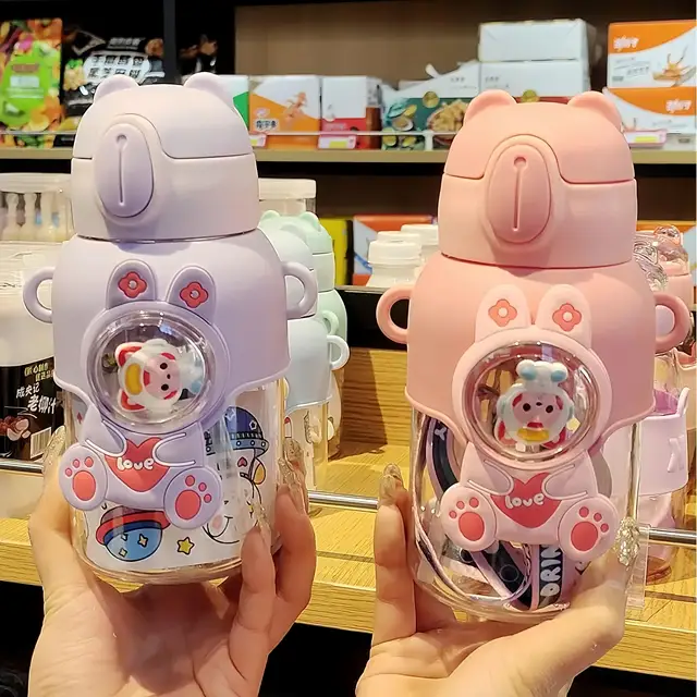 New cartoon children's plastic water cup student portable strap straw cup water bottle for children