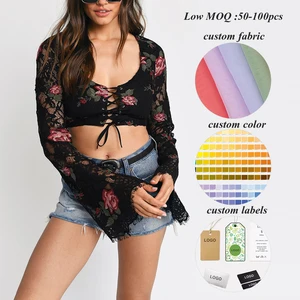 Factory Direct Selling Ladies Long Bell Sleeve Y2k Crop Top Women Custom Lace Embroidered Tops Sexy Blouse Women Tops