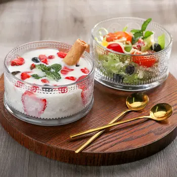 CHOOLD Vintage Sunflower Embossed Glass Dessert Bowl Set - 9 Oz Footed Bowls, Lead-Free, Golden Trim, For Ice Cream, Salad, Candy & Parties, Set Of 4