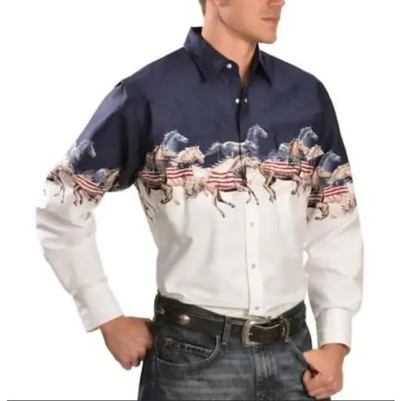 Lässiges Retro-Herren-Langarm-Stehkragenhemd im amerikanischen Western-Denim-Stil, individuell, personalisierbar, bedruckt114_voghion.com