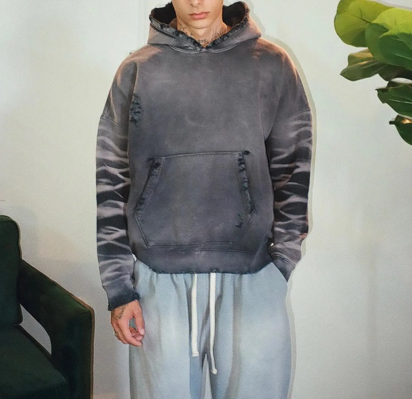 Custom Stringless Cotton Plain Blank Pullover Oversized Sun Faded Distressed Vintage Acid Wash Hoodie Hooded Sweatshirts for Men