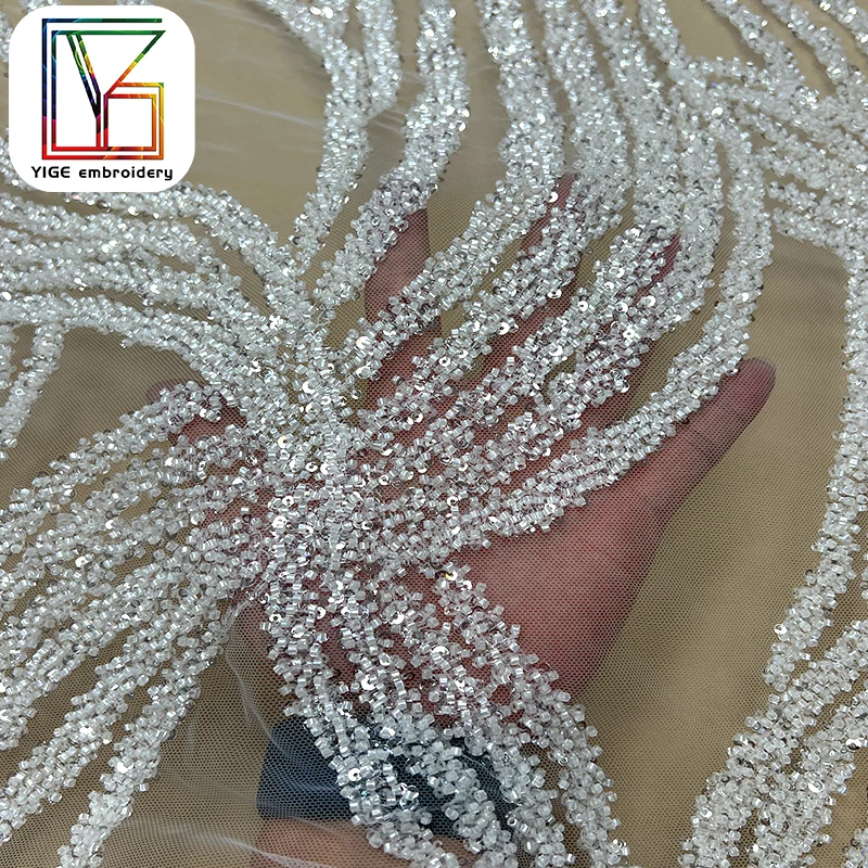 Heavy Handmade Beaded Sequin Bridal Tulle Lace Fabric Luxury High Density  Wedding Net Beads Mesh Lace Fabric for Dresses Women