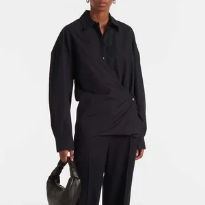 Clothing Manufacturers Custom Spring Summer Autumn  Pleated Waist Lapel Asymmetric Button Placket Twisted Cotton Shirt