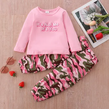 2pcs Toddler Baby Girl casual Clothes pink color t shirt Tops camo denim Pants Outfits Set boutique