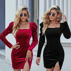 Hot Sale Party Elegant Long Sleeve Square Collar Split Bodycon Velvet Sex Dress for Women
