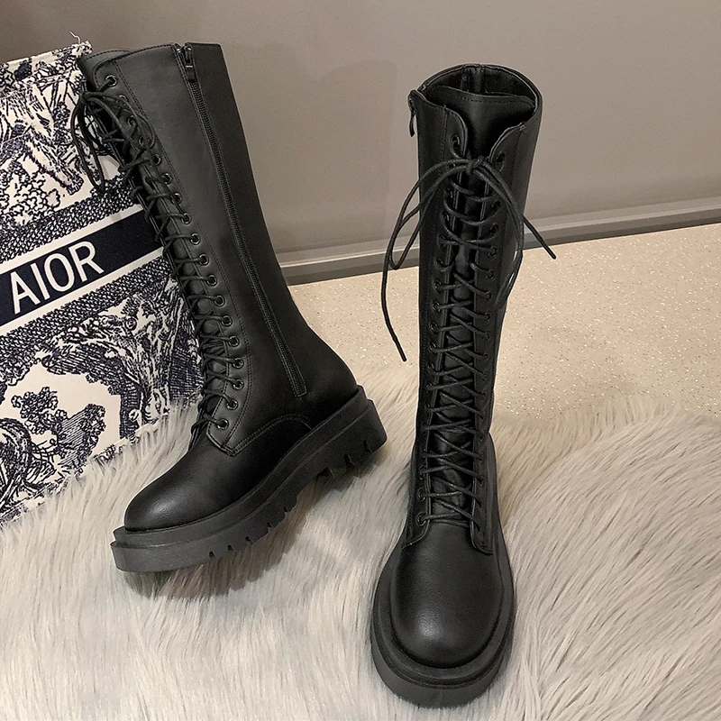 Fashion Women Lace Up Kneehigh Boots Winter Black Zip British Mid Calf