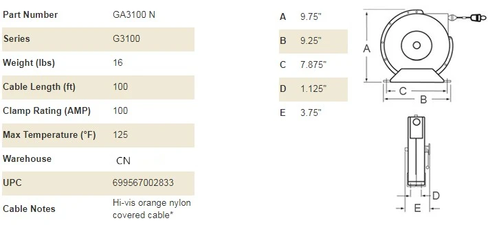50ft spring retractable grounding static cable reel for truck fuel