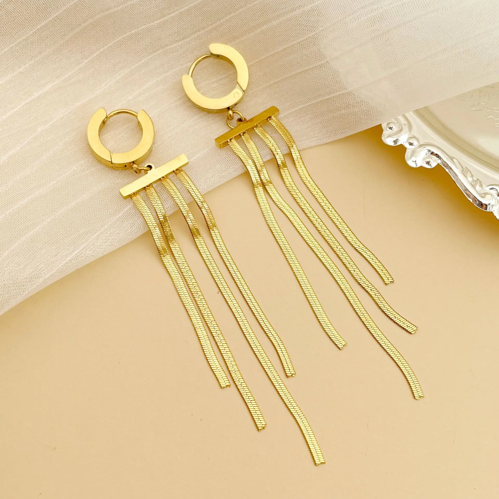 14k Gold Fashion Titanium Steel Jewelry Long Luxury Tassel Earrings Daily Commuter Women