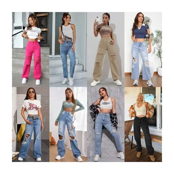 Manufacturer washed high waist casual straight jeans for women customized bodycon girls jeans denim pant trousers