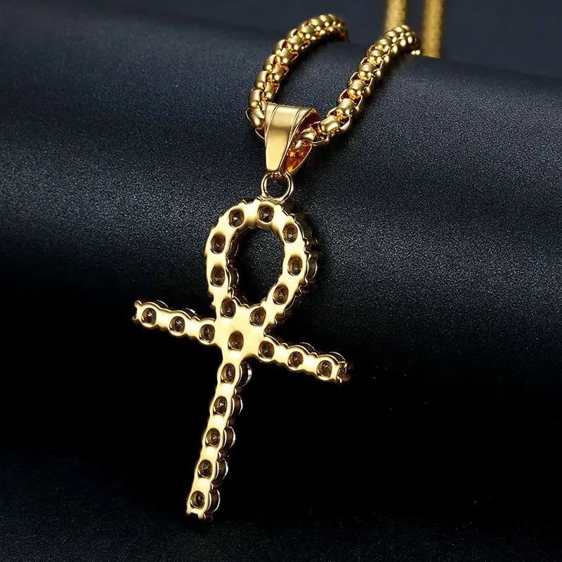 Stainless Steel Gold Diamond Cz Crystal Cross Pendant Ankh Jewelry ...
