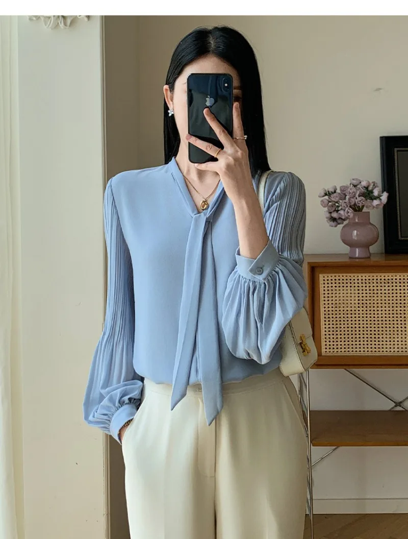 Blouse Women Long Sleeve Blue Blouses Shirt Women Tops Bow V-neck Chiffon  Blouse Clothes Blusas Blusa 9015#