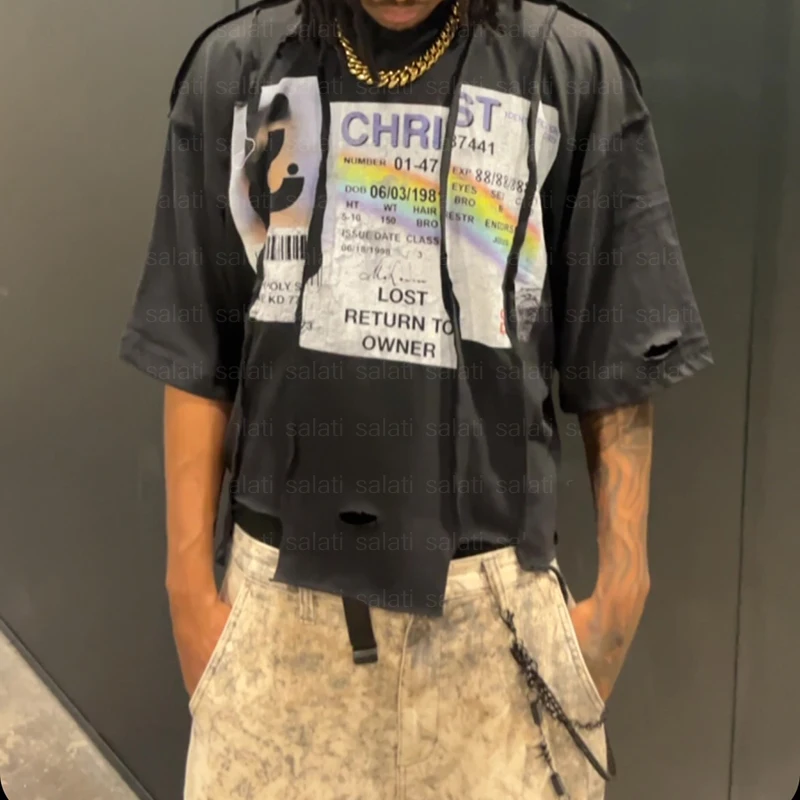 Salati Custom Streetwear Panel T Shirt Tee Overlapping Seam Uneven Cut and Sew Cotton Screen Print Oversized Cropped T-shirt Men gallery 9