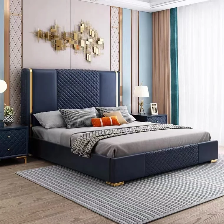Modern Light Luxury Design Wooden King Bed Frame Bedroom Leather Double ...
