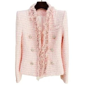 Designer Blazer Luxury Women Jewellery Tassel Fringe Decoration Tweed Jacket Suit Pink Office Work Blazers
