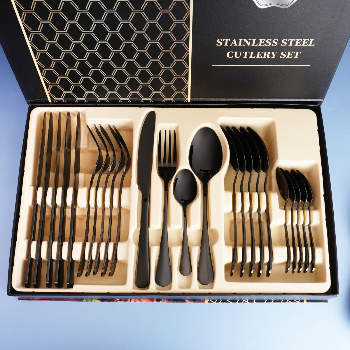 QZQ Hot Sale Gold Besteck Set - 24pcs Mirror Polish Cutlery, image size:1200x1200