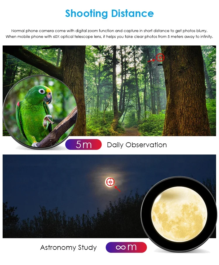 OEM 60x Mobile Phone Monocular Telescope Lens Astronomical Zoom Lens Extendable Tripod for Smart Phone