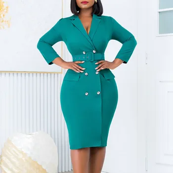 Alternative view of Office Lady Elegant Formal Dress Lapel Collar Long Sleeve Belted Midi Dress Double Breasted Women Fashion Solid Pencil Dress