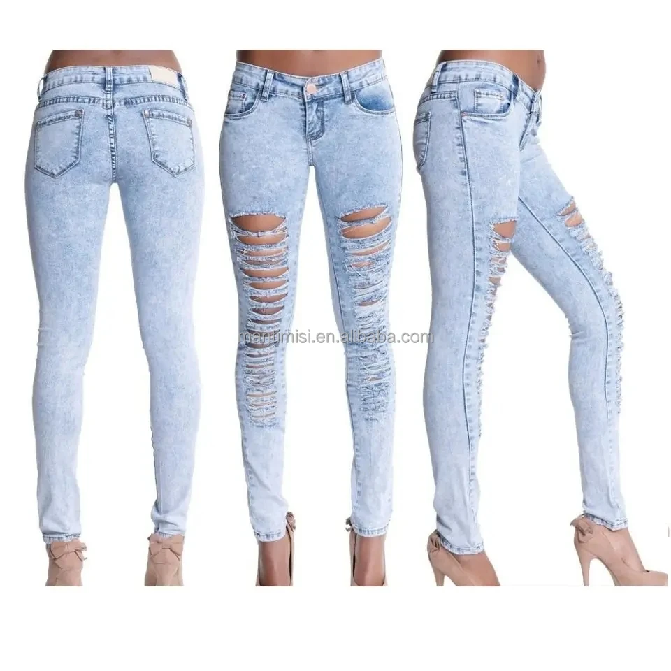 Womens Ripped Bell Bottom Plus Size Jeans Elastic Waist Flared Jean ...