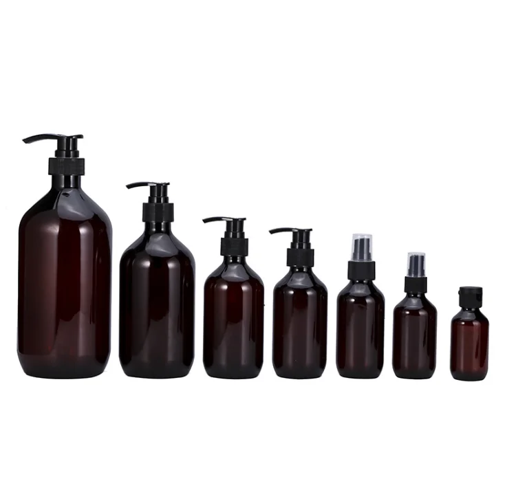 Long Neck 100ml 200ml 500ml Amber PET Plastic Pump Bottles for Shampoo Lotion Face Masks Skin Care Serum