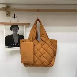 Large Capacity Lightweight Shoulder Bag Puffer Woven Shoulder Bag Shopping Travel Weave Handbag Puffer Women Tote Bag