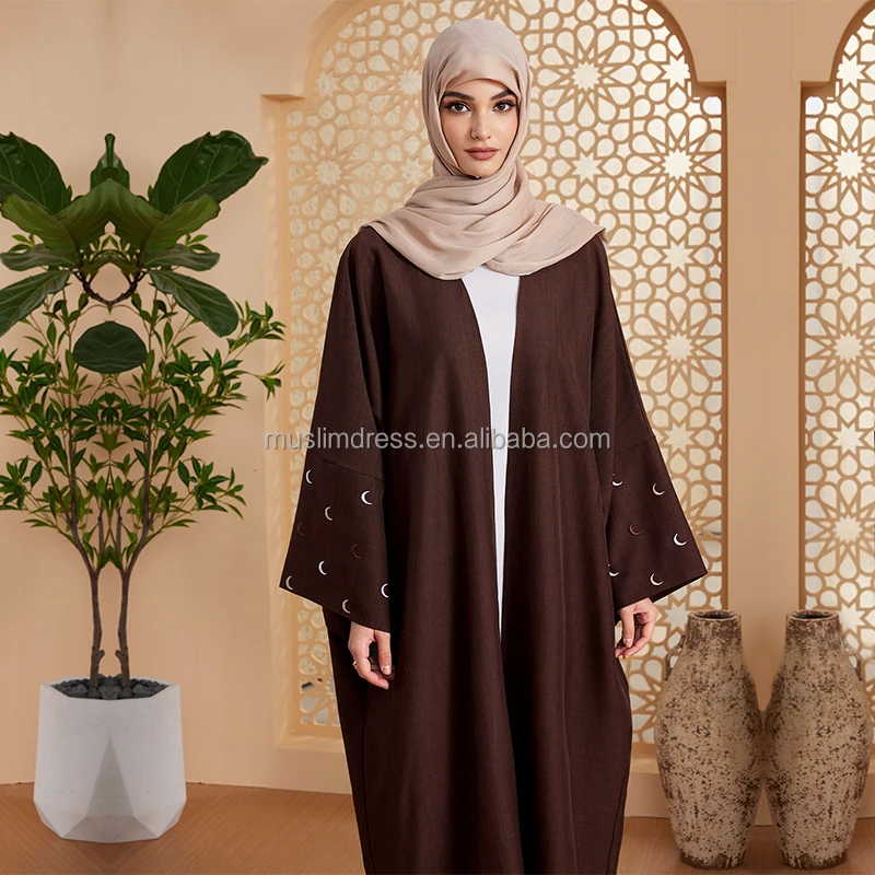 Habib 2025 EID Ramadan Hot Sell Linen Moon Open Abaya Wholesale Cheap  Kimono Polyester Linen Abaya for Muslim Women