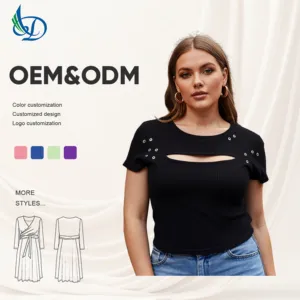 Women's Black Hollow Short-Sleeved Summer Knit Fabric Knitted Top T Shirt